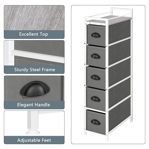 HAITRAL 5 Drawers Narrow Dresser - Fabric Storage Cabinet - Vertical Standing Storage Chest - Gaps Organizer with Removable Drawers and Wooden top for Laundry, Living Room, Entryway (Light Gray) - Thumbnail 4
