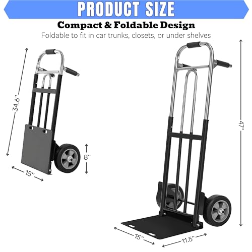 image for IRONPOW Folding Hand Truck Dolly - 600 LB Capacity, Heavy-Duty Wheels 