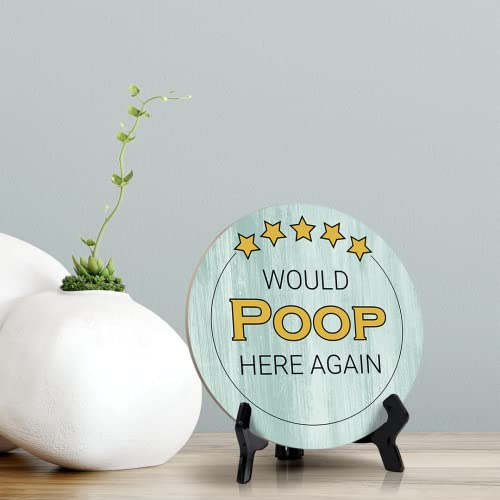 Round 5 Star Review Would Poop Here Again, Light Green Decorative Bathroom Table Sign With Acrylic Easel (5" X 5") #TOP1