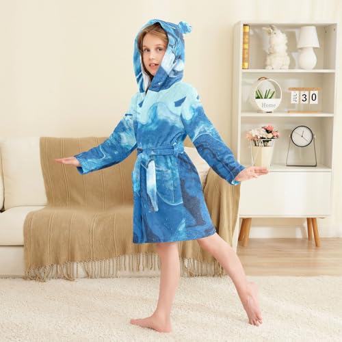 GuoChe Bathrobes For Girls Green Blue Marble Texture Hooded Pajamas3