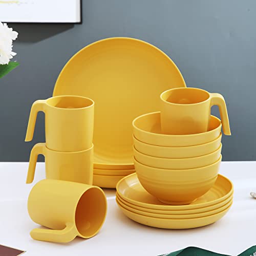 Kyraton Plastic Dinnerware Set Of 16 Pieces, Unbreakable And Reusable Light Weight Plates Mugs Bowls Dishes Easy To Carry And Clean Microwave Safe Bpa Free Dishwasher Safe Service For 4 (Gold Yellow) #TOP1