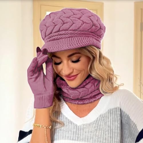 Image of 3-Pieces Winter Hat Gloves Scarf Set, Knit Warm Beanie Hat Neck Warmer Touch Screen Mittens for Women