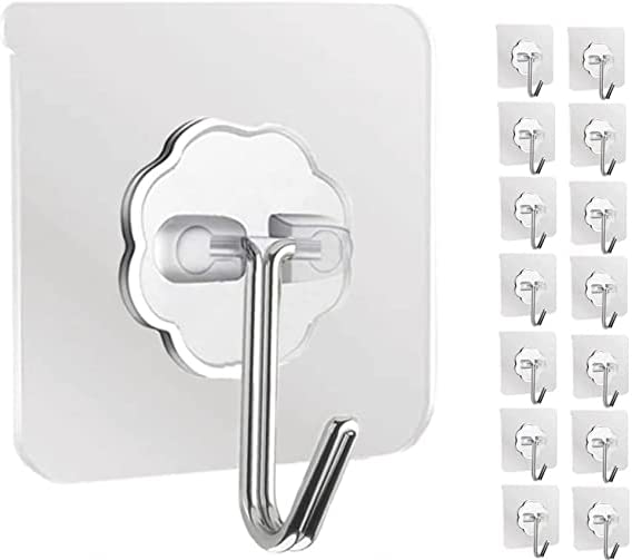 SANOOR® 12Pcs Wall Hook Adhesive- Stick on Bathroom/Room/Door/Kitchen -Heavy Duty for Hanging Towels, Robes, Coats, Keys,Calendars (Standard, (Transparent Wall Hooks - 12Pcs))