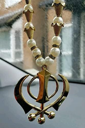 Gold Plated Sikh khanda Pendant for Car rear Mirror hanging in stretchable pearls mala
