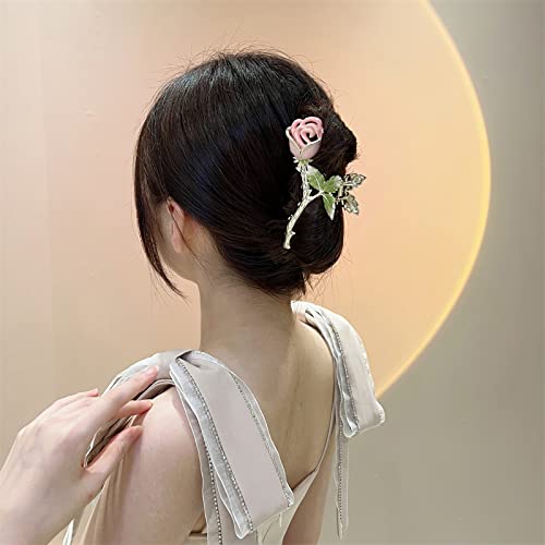Flower Hair Clips Large Hair Claw Clips Pink Rose Hair Jaw Clips Strong Hold Floral Hair Catch Clamps Thick Hair Metal Hair Barrettes Flower Non Slip Jaw Clip With Leaves Design Rose Hair Accessories #TOP1