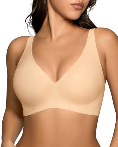SHARICCA Gladde BH voor dames zonder beugels, sexy V-hals, naadloos, push-up, T-shirt BH, gevoerde Bralette, roze, XL
