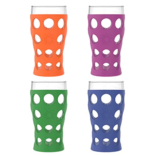 Lifefactory 20-Ounce Indoor/Outdoor Protective Silicone Sleeve Beverage Glass, 4-Pack, Orange, Grass Green, Cobalt, Huckleberry,LF340400C4