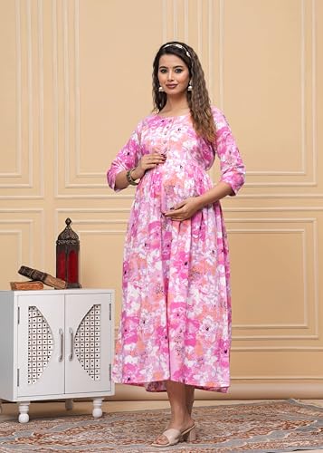 Image of JAIPURFAME Stylish Women's Pure Cotton All Over Printed Kurti Gown, Maternity Dress, and Feeding Dress - Comfortable and Elegant Maternity Wear for Women Baby Pink