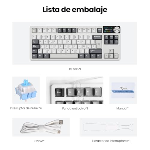 RK Royal KLUDGE RK S85 -Teclado Mecánico Español -Teclado Inalámbrico Gaming 80% -ISO-ES- Bluetooth/2.4G/USB-C- Hot Swap- Pantalla LCD- RGB-Mac/Windows-Mod. White Night/Switch Táctil Beige(Brown). - imagen 8