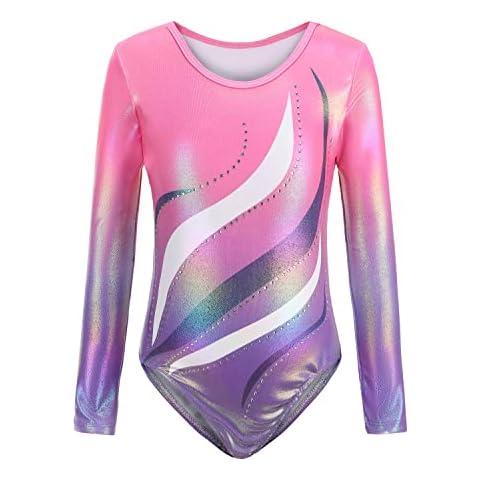 Sinoeem Gymnastics Leotards for Girls Long Sleeve/Sleeveless Gradient Color Diamond Leotard Dancing Ballet One Piece Gymnastics Athletic for Little Girl 5-12 Years (Pink-long sleeved, 7-8 Years) Cover