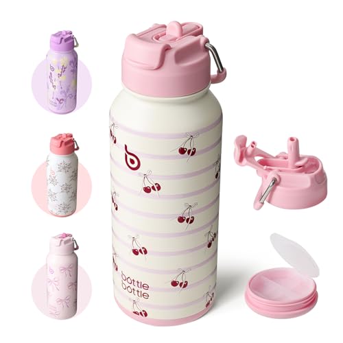 BOTTLE BOTTLE 32oz Insulated Water Bottle Stainless Steel Sport Water Bottle with Straw Dual-use Lid Design for Gym with Pill Box（Happy Cherry）