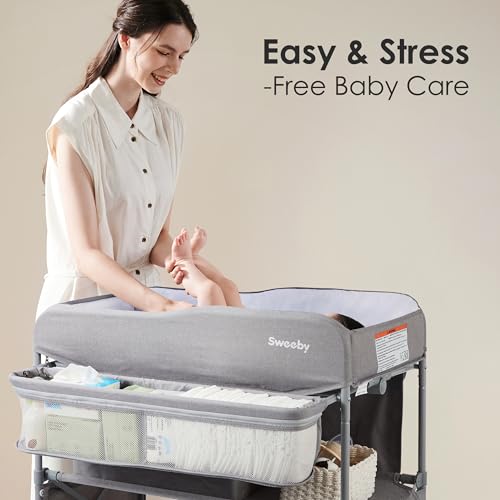 Image of Sweeby Portable Baby Changing Table, Foldable Diaper Changing Station with Waterproof Pad, Mobile Nursery Organizer for Infant & Newborn Essentials, Grey