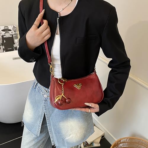 Crescent Shoulder Bag for Women Small Hobo Bags Trendy Vegan Leather Crossbody Cherry Handbag with 2 Removable Straps2