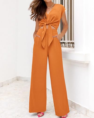 Image of PRETTYGARDEN Women's Summer 2 Piece Outfits 2026 Cap Sleeve V Neck Belted Crop Tops Wide Leg Pant Sets Casual Tracksuit