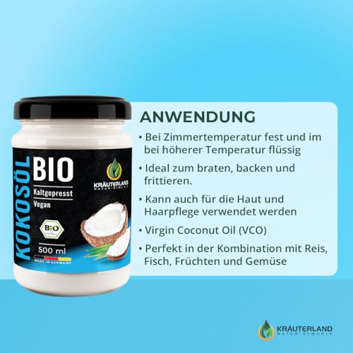 Kräuterland Bio Kokosöl, Kokosfett 500ml - Kokosnussöl nativ, kaltgepresst, hoch erhitzbar - zum Kochen, Braten und Backen in Premium Rohkostqualität