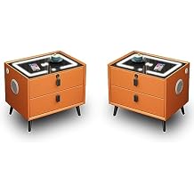 Smart Nightstand Set of 2 with Wireless Charging Station and Speaker,Bedroom Side Table with USB Charging,with Fingerprint Lock,Three-Color LED Light,Modern Bedside Table,Orange,2 Drawers