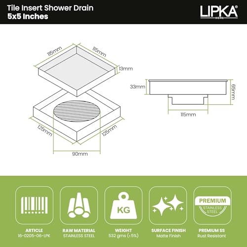 Image of Lipka Tile Insert Floor Drain | 5 x 5 Inches | Premium Grade Stainless Steel Invisible Shower Drain Channel | Waste Water Floor Drain for 13mm Tile with Cockroach Trap | Square Tile Insert Floor Drain