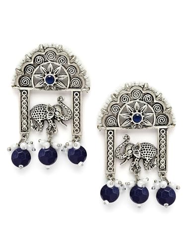 Image of Karatcart Silver Tone Diamond Shape Pink and Blue Carved Stone Studded Drop Earrings for Women
