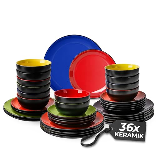 MIAMIO - Geschirrset 12 Personen/Steingut Geschirr Set 36-teilig, Tafelservice Steingut, Schüssel- und Teller Set - Spülmaschinen- und Mikrowellenfest - Le Papillon Kollektion (36 Teile Set)