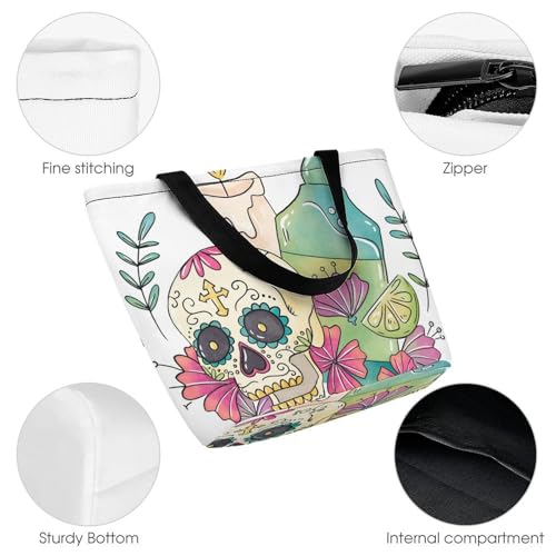 Sac à bandoulière crâne fleur grand sac de shopping pour femme format voyage