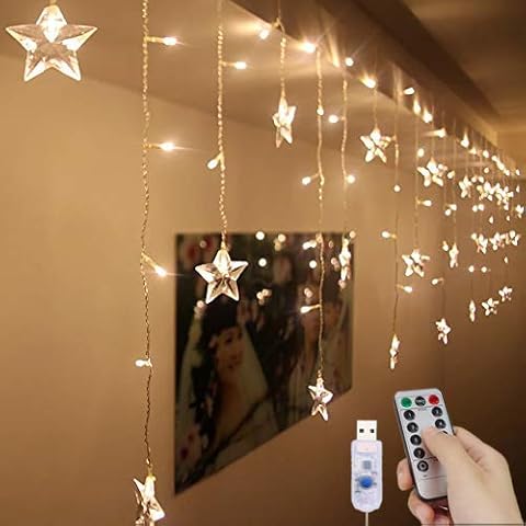 LED Curtain Lights USB Starry Fairy Lights 1.5m * 0.5m 8 Modes Remote Control Stars String Lights for Wedding Bedroom Party Window Home Decoration Cover