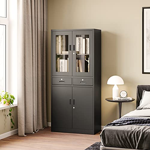 Peukc Kitchen Pantry Cabinet, 71" Freestanding Kitchen Pantry Storage Cabinet With Drawer And Adjustable Shelves, Metal Tall Pantry Cabinet Cupborad With Glasses Doors, Black #TOP7