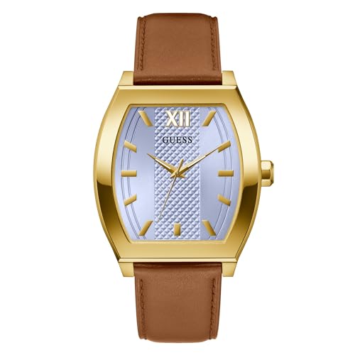Guess Men's 42mm Watch - Brown Strap Blue Dial Gold-Tone Case
