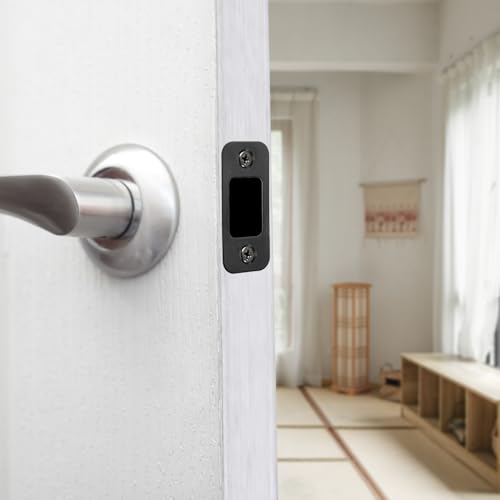 2er-Pack Riegel-Schließbleche, Türschließbleche mit Großem Loch und 4 Schrauben für Innentüren Türrückplatte mit Abgerundeten Ecken Türschlossplatte Schlossersatzteile für Türen (Schwarz)