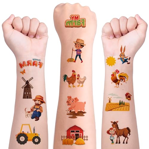 Tatuajes Temporales Niños, 10 Hojas Pegatinas de Tatuajes de Animales de Granja para Niños, Tatuajes Falsos Temporales Impermeables, Temática de Granja Cumpleaños Decoracion Fiesta (G)