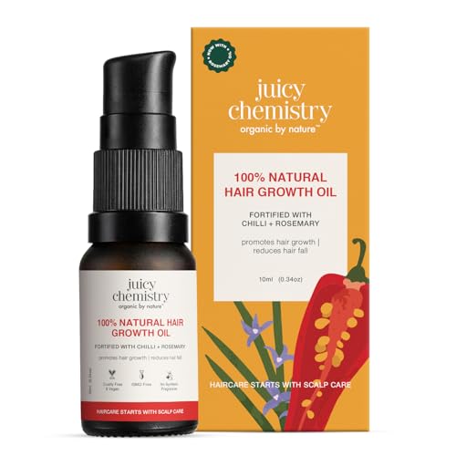 Image of Juicy Chemistry 100% Natural Chilli + Rosemary Hair Growth Oil, 10ml | Promotes Hair Growth | Strengthens & Reduces Hair Fall | Revitalises Scalp & Hair | Improves Hair Texture | Restores Shine | Clinically Proven