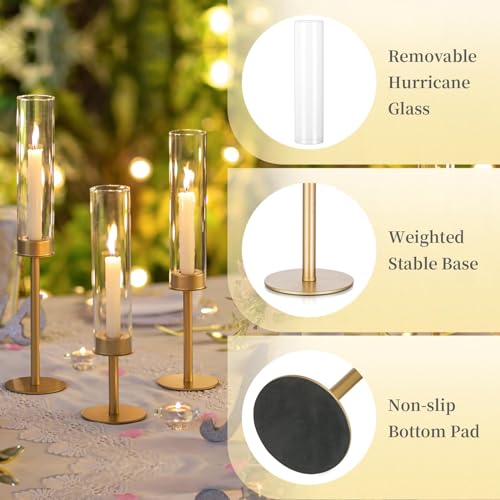 Hewory Gold Candle Holders, 3Pcs Brass Candle Stick Candelabra with Glass Candle Cover for Wedding Table Centerpiece Christmas Decor by Hewory - Image 5