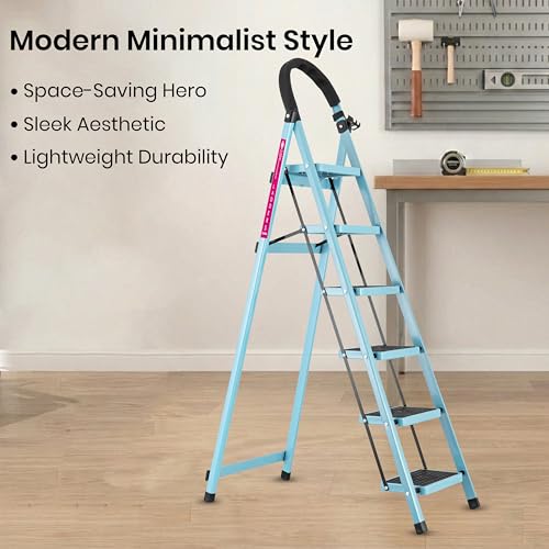 Image of Casa Copenhagen Teal Blue 6 Step Ladder for Home Use with Built-in Tool Tray | Heavy Duty D Shape Rods | Ultra Large Platform | Wide Rubber Feet | 150Kg Capacity Foldable Ladder - 7 Years Warranty