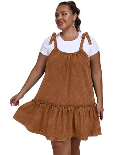 Image of Denim Dress for Women Tie Shoulder Sleeveless Denim Mini Dress Casual Flowy Babydoll Dress Wash Jean Dress