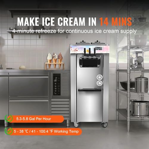Kommerzielle Eismaschine Eiscreme-Maschine 20L/h Freistehende Softeismaschine mit 3 Geschmacksrichtungen, 2 x 4L Edelstahlbehälter, LED-Panel, Automatische Reinigung, Kühlung über Nacht – Bild 3
