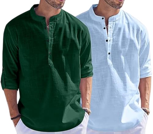 Image of Men's Cotton Blend Straight Kurta Shirt Combo with Mandarin Collar - Slim Fit Casual Short Kurti Set Featuring Textured Slub Fabric and Roll-Up Full Sleeves