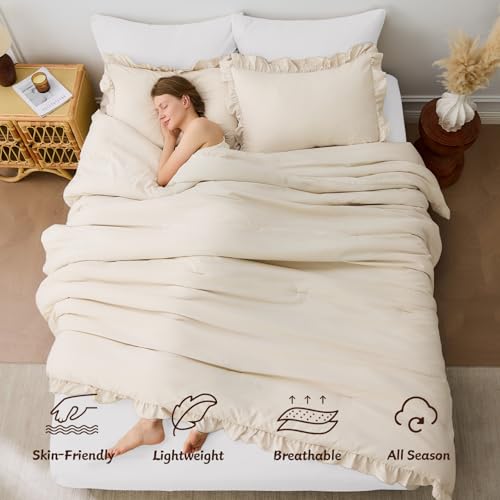 Image of FUANNA Full Size Comforter Sets Beige, 3 Pieces Ruffle Full Size Bedding Sets, Fluffy Bed in a Bag Full for All Seasons, Shabby Chic Full Bed Set with 1 Lightweight Comforter & 2 Pillowshams