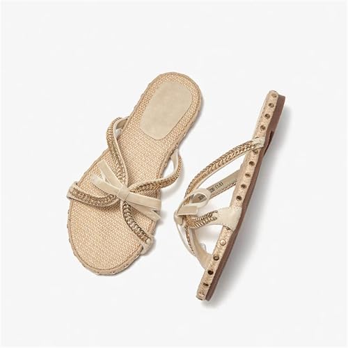 Women's Cow Suede Cross-Tied Slippers - Rivet Bowknot Mixed Color Summer Flats2