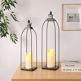 DARJEN 19'' 22'' Decorative Candle Lanterns, Large Farmhouse Decorative Metal Lanterns with 2 Flameless Candles, Black Candle Lanterns for Home Porch Fireplace Decor & Indoor and Outdoor Use