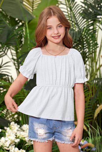 BesserBay Girls Summer Cute Puff Sleeve Off Shoulder Top Peplum Babydoll Square Neck Shirt 6-14 Years2