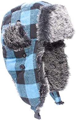 Unisex Trapper Hats | Winter Hat with Ear Warmers | Russian Faux-Fur Hat | Aviator Hat for Men and Women | Bomber Hat | Lumberjack Hat | Trooper Snow Hat with Ear Flaps. (Blue and Black Plaid)