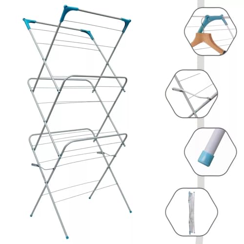 3 Tier Folding Clothes Airer, Indoor & Outdoor Drying Rack, Lightweight, Foldable, Non-Slip Feet, Corner Hanger Hooks, Compact Laundry Dryer for Home Storage, Standing Dry Racks, Clothes rail (WHITE) - Image 2