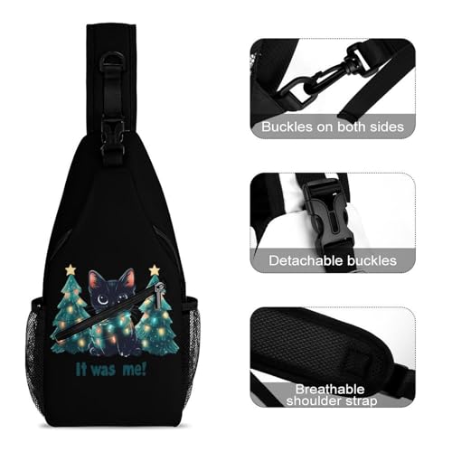 Cat and Christmas Tree Crossbody Sling Backpack Casual Chest Bag Fanny Pack for Women Men Travel Hiking3