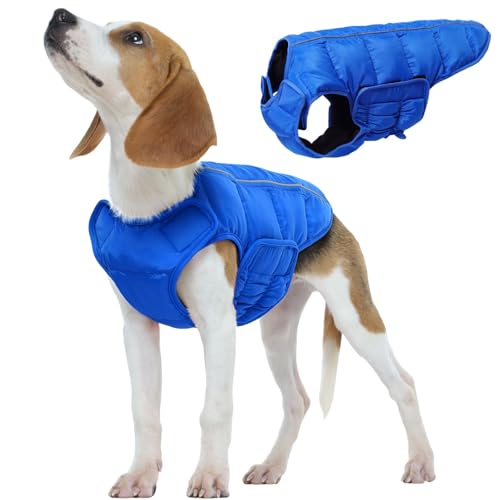 Kuoser Dog Puffer Jacket Warm Dog Coat for Small Medium Dogs, Windproof Reflective Pet Padded Vest Cold Weather Clothes Puppy Snowsuit with Hook & Loop Coats, Easy On/Off, Blue M Medium (Che