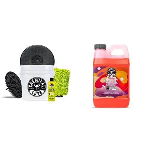 Chemical Guys CWS21564BK Car Wash Detailing Bucket, Mitt & Accessories Bundle (6 Items) Featuring Sticky Snowball Ultra Snow Foam Car Wash Soap 64 oz (.5 Gal) - Works on Cars, Trucks, SUVs, RVs & More