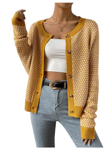 Image of GORGLITTER Women's Button Up Cropped Cardigan Checkered Colorblock Long Sleeve Lightweight Cardigan Sweaters