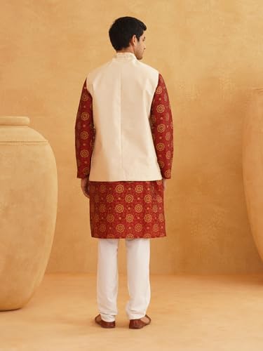 Image of SOJANYA (Since 1958 Men's Silk Blend Maroon Kurta & Off White Pyjama with Beige Nehru Jacket