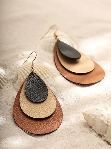 MINACHI Boho Chic Faux Leather Triple Layer Teardrop Waterdrop Dangle Drop Earrings, Vintage Bohemian Hippie Statement Jewelry Gift for Women4