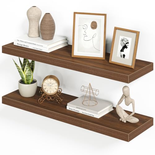Heimlove 32 Inch Floating Shelves for Wall,Walnut 9.3" Deep Floating Shelf Set of 2,Wall Mounted Shelves for Bathroom Bedroom Living Room Kitchen Office,Shelf for Books Storage Room,Home Decor