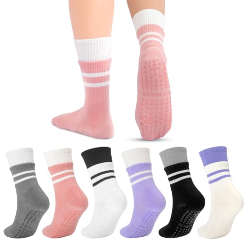 Ivyhouse 6 Pairs Pilates Socks for Women with Non Slip Grippers, Yoga Crew Socks for Barre Hospital Sticky Slipper Socks