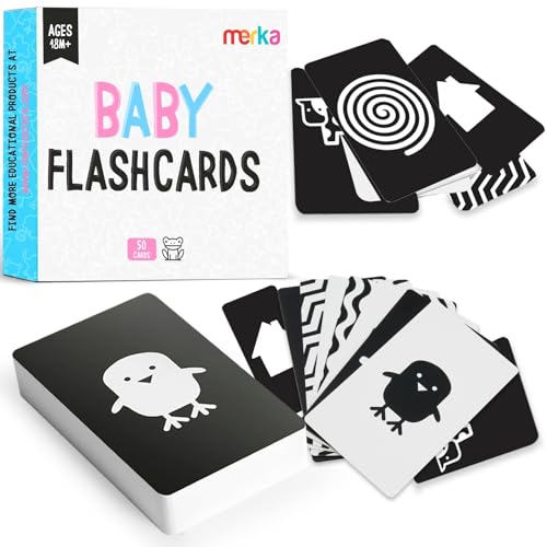 Image of Merka Newborn Toys & Sensory Flash Cards for Babies - High Contrast Baby Cards - 50-Pack Paper, 2.4 in x 4.2 in, Black & White - Visual Stimulation & Brain Development for 0-3 Months